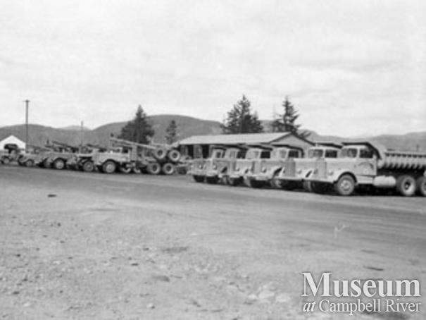 Powell River Logging Co. trucks at Kelsey Bay